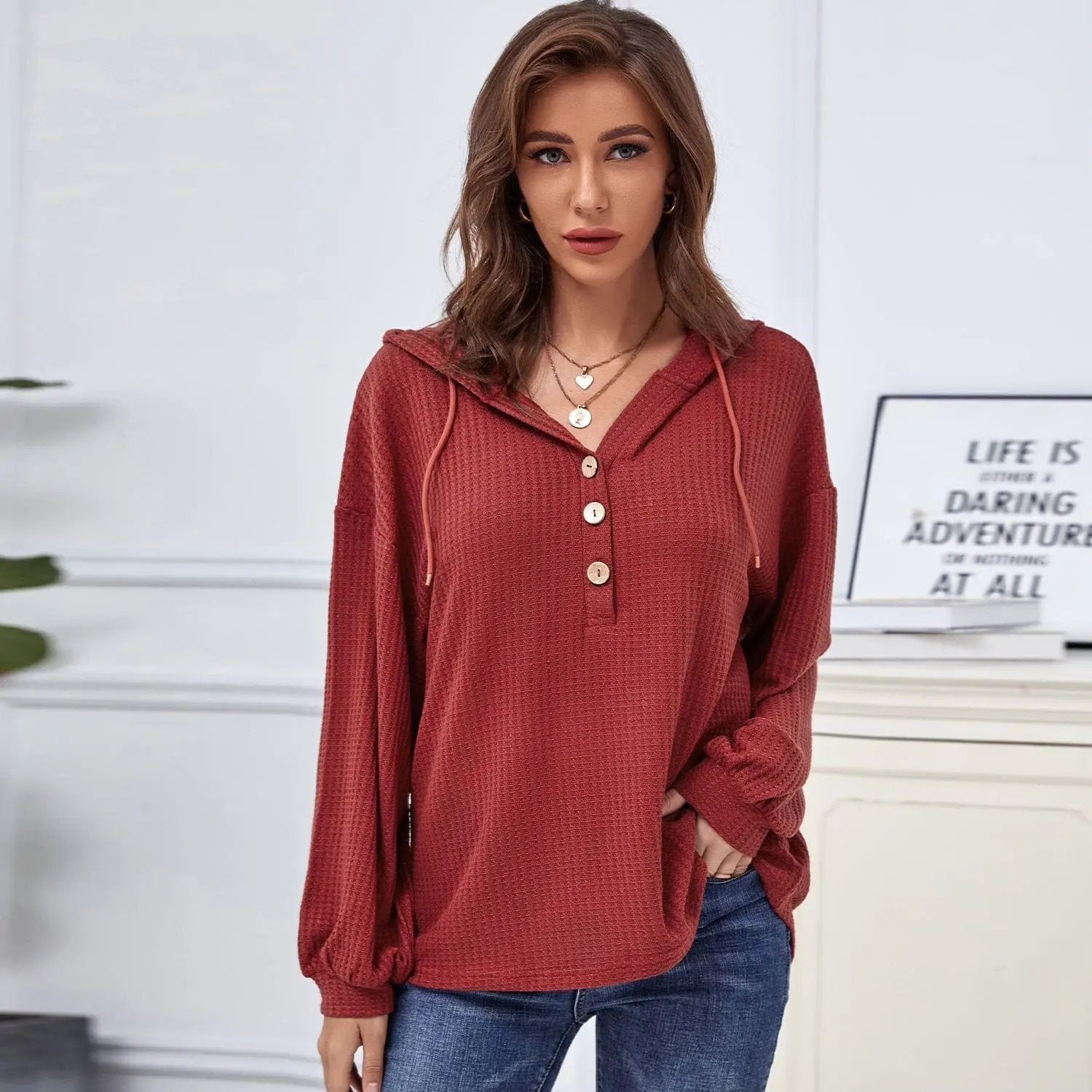 Hooded Waffle Knit Sweater Anna-Kaci Wholesale