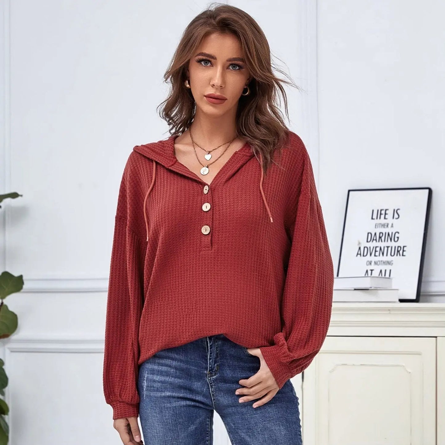 Hooded Waffle Knit Sweater Anna-Kaci Wholesale