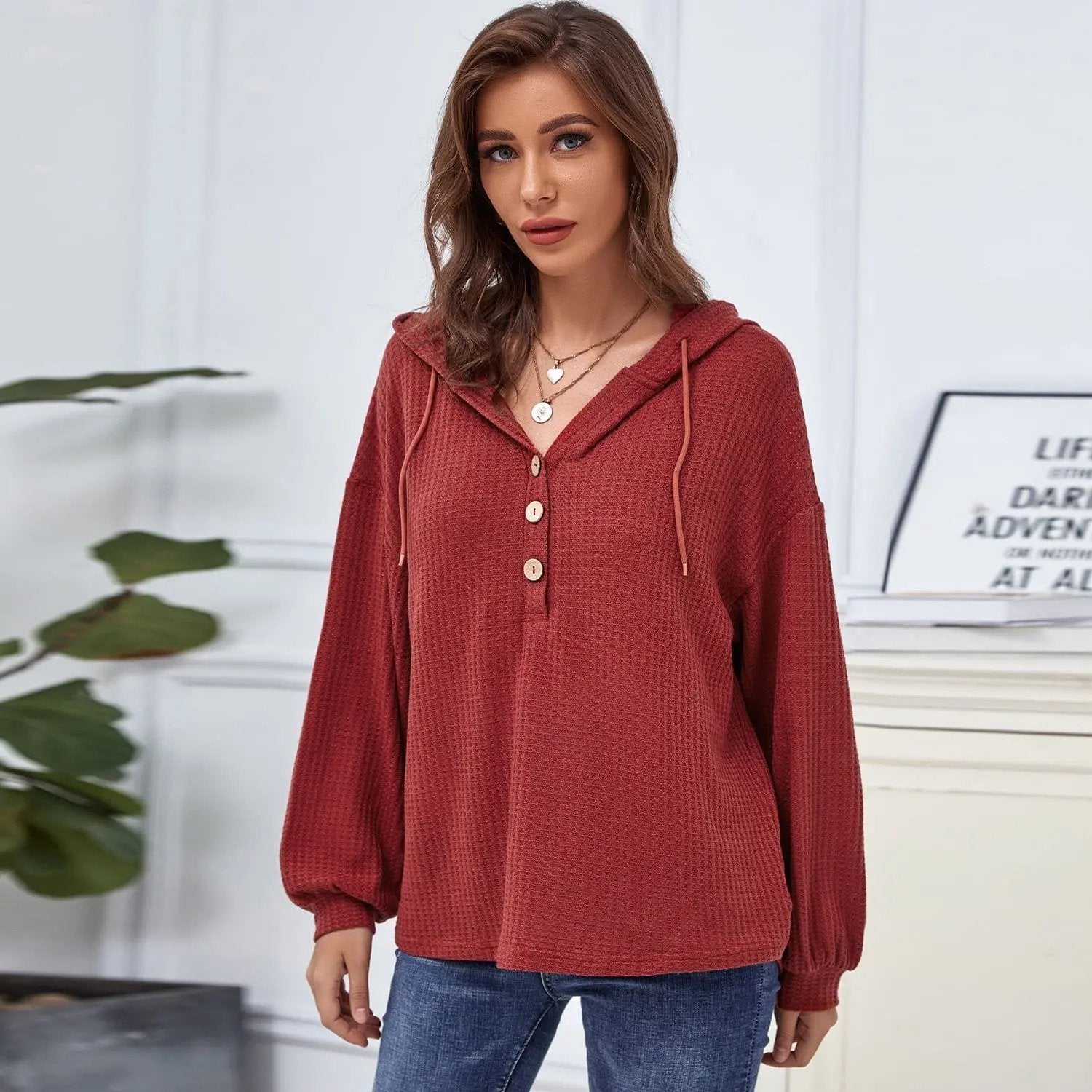 Hooded Waffle Knit Sweater Anna-Kaci Wholesale