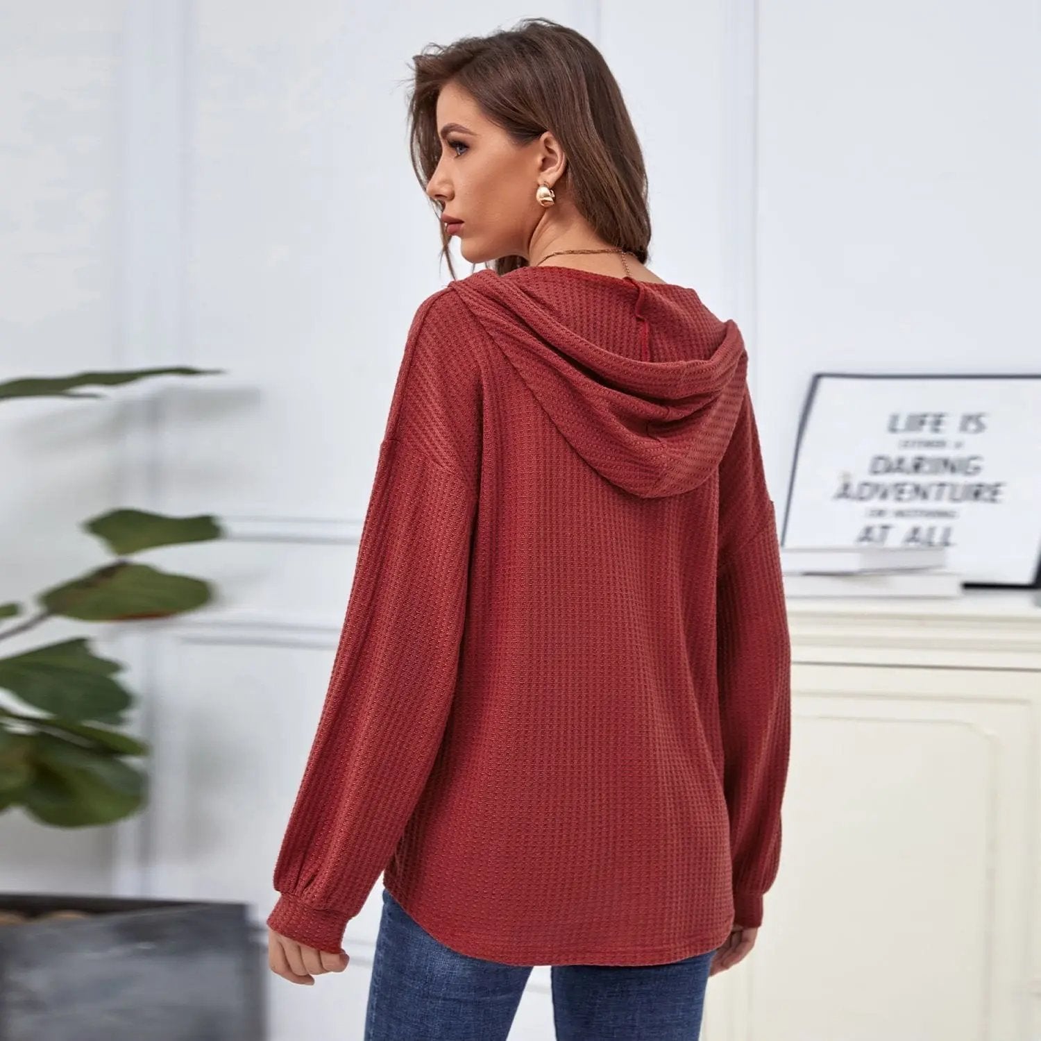 Hooded Waffle Knit Sweater Anna-Kaci Wholesale