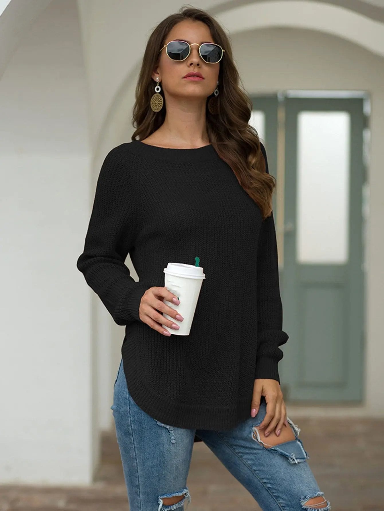 Rounded Hem Knit Sweater Anna-Kaci Wholesale