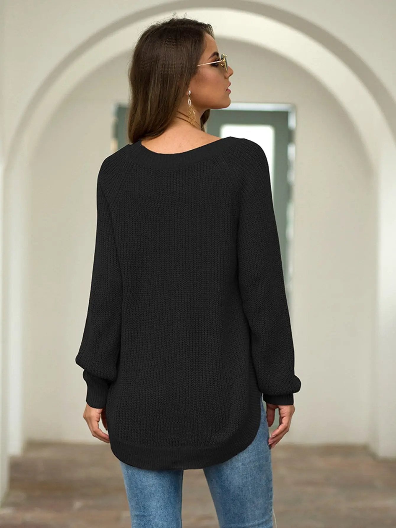 Rounded Hem Knit Sweater Anna-Kaci Wholesale