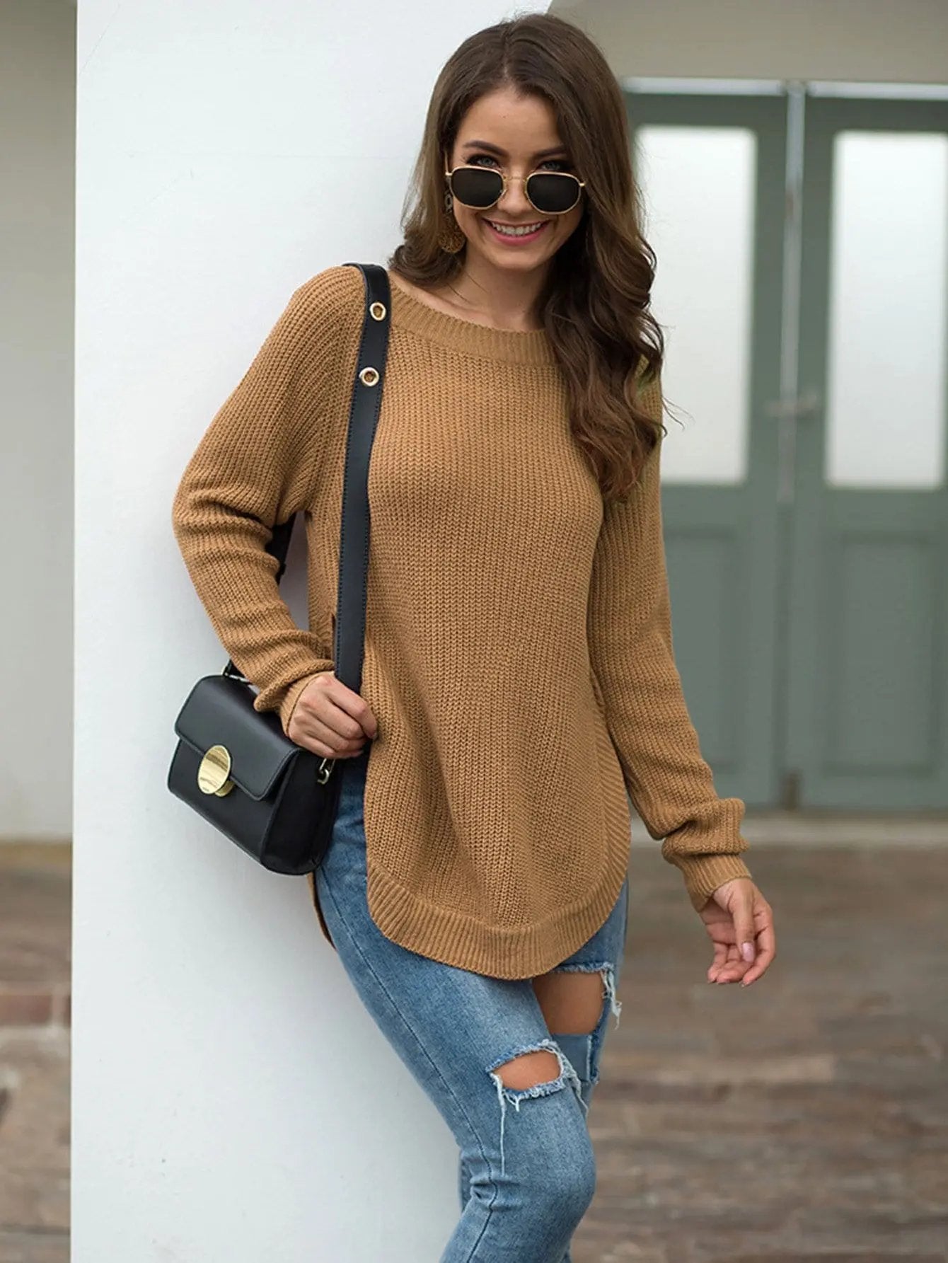 Rounded Hem Knit Sweater Anna-Kaci Wholesale