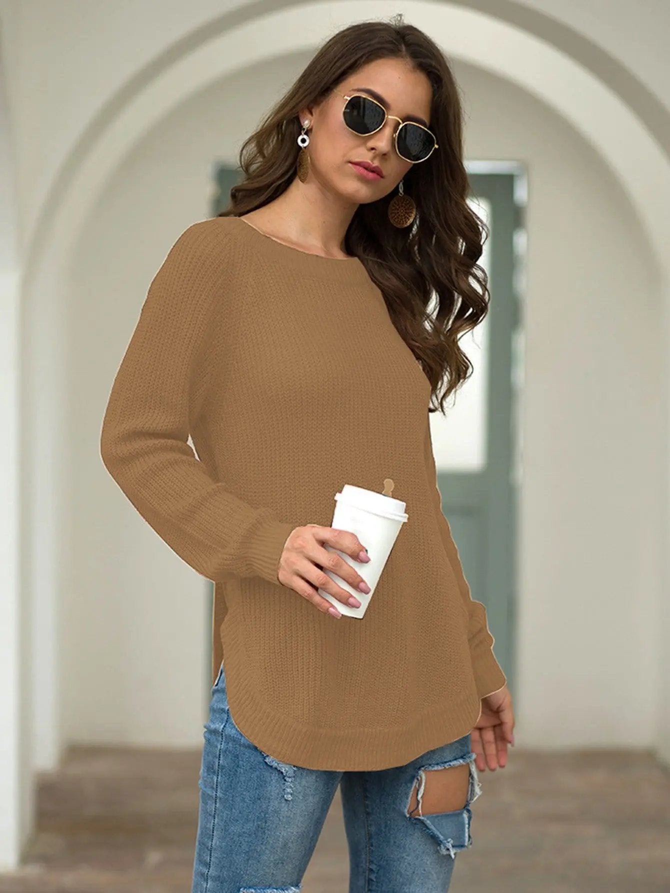 Rounded Hem Knit Sweater Anna-Kaci Wholesale