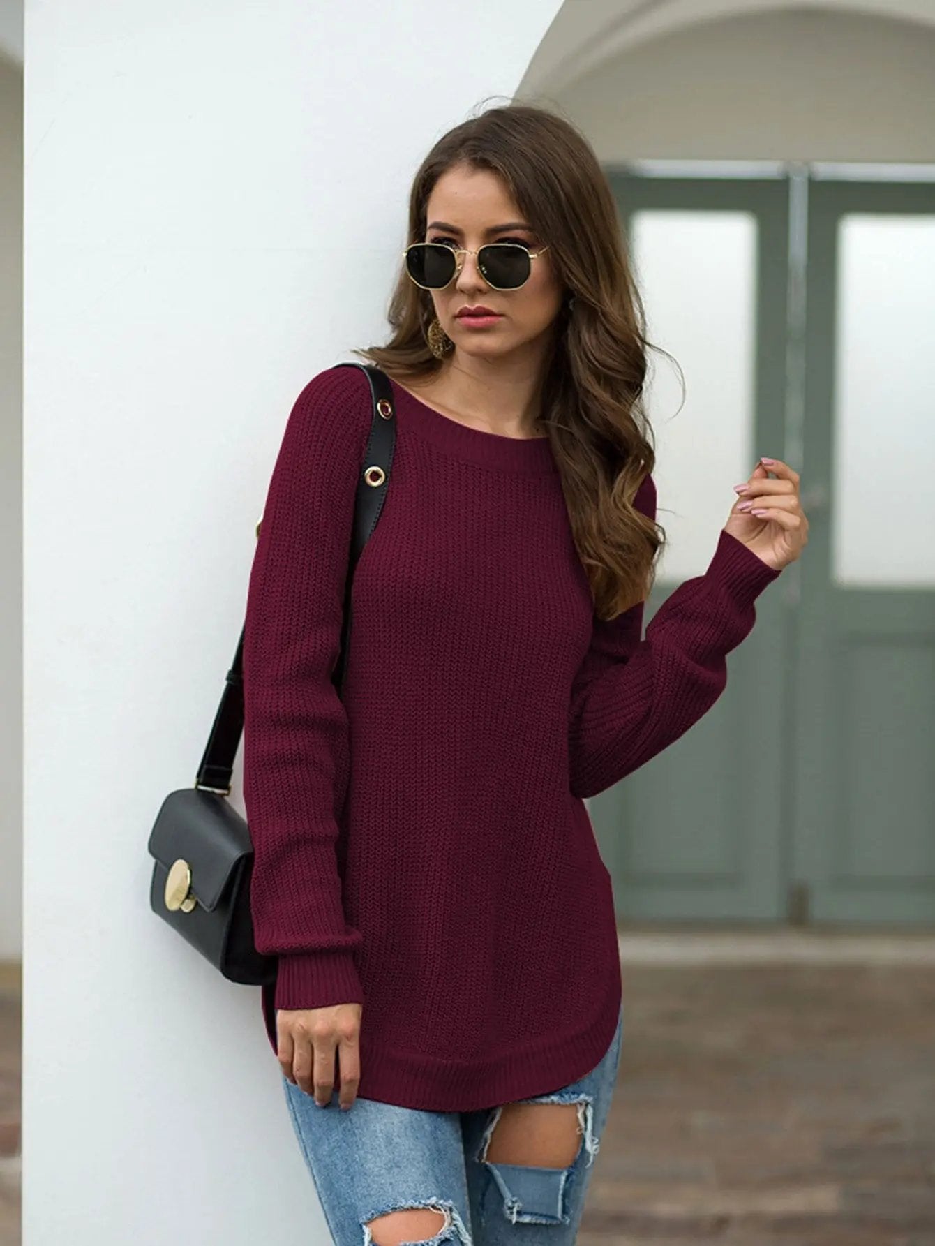 Rounded Hem Knit Sweater Anna-Kaci Wholesale