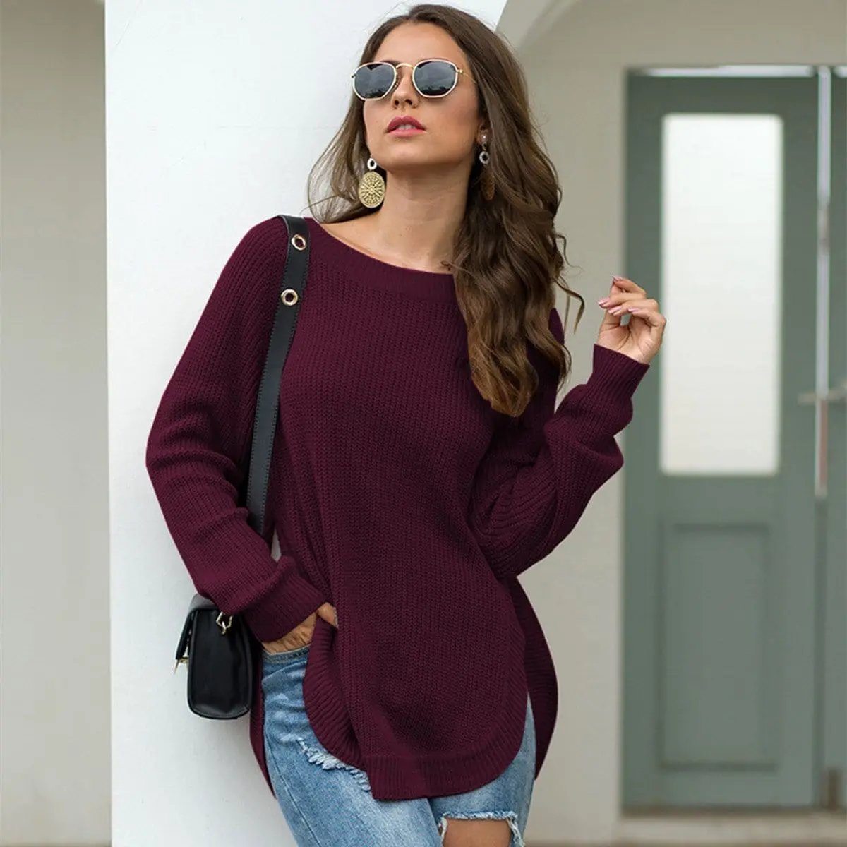 Rounded Hem Knit Sweater Anna-Kaci Wholesale