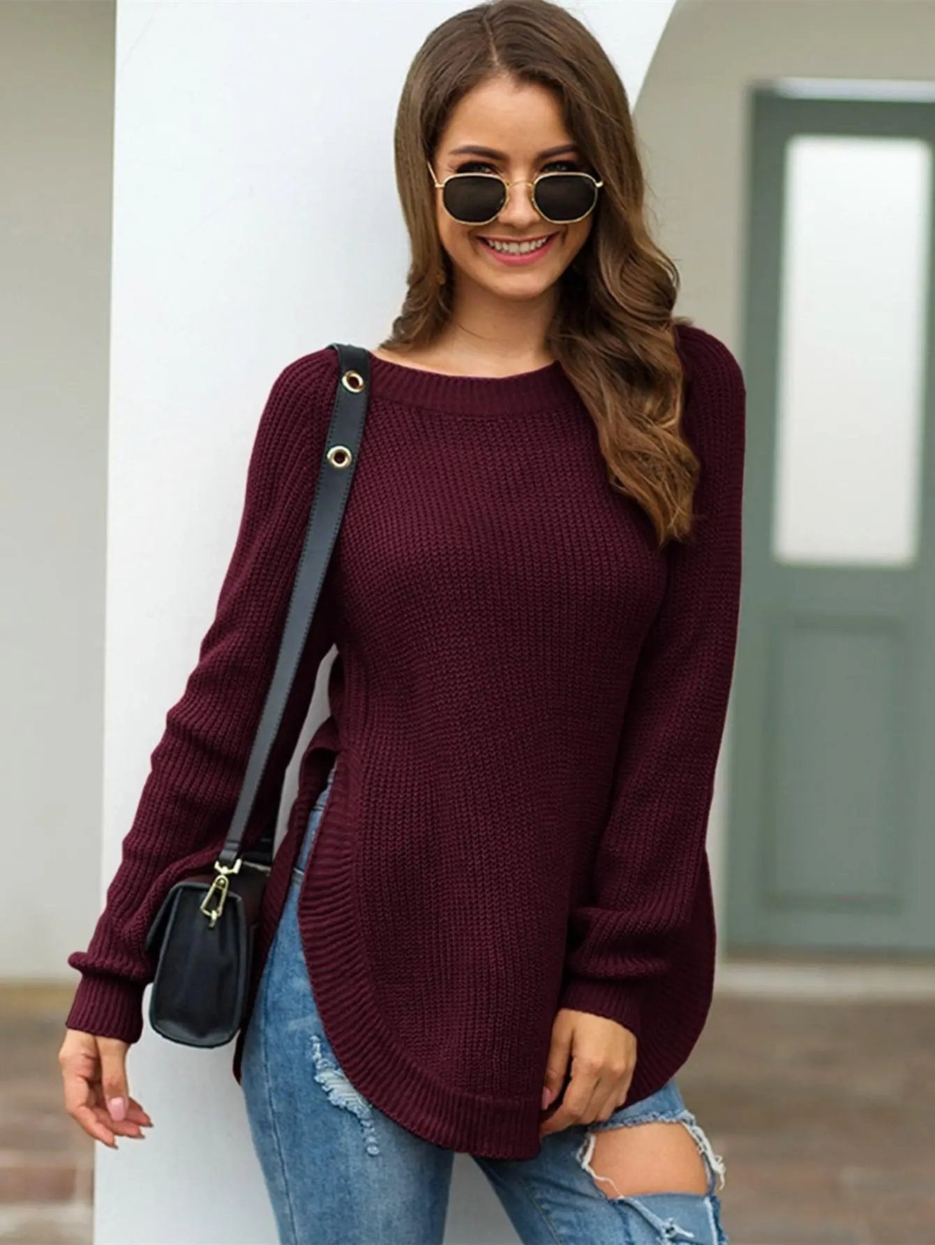 Rounded Hem Knit Sweater Anna-Kaci Wholesale