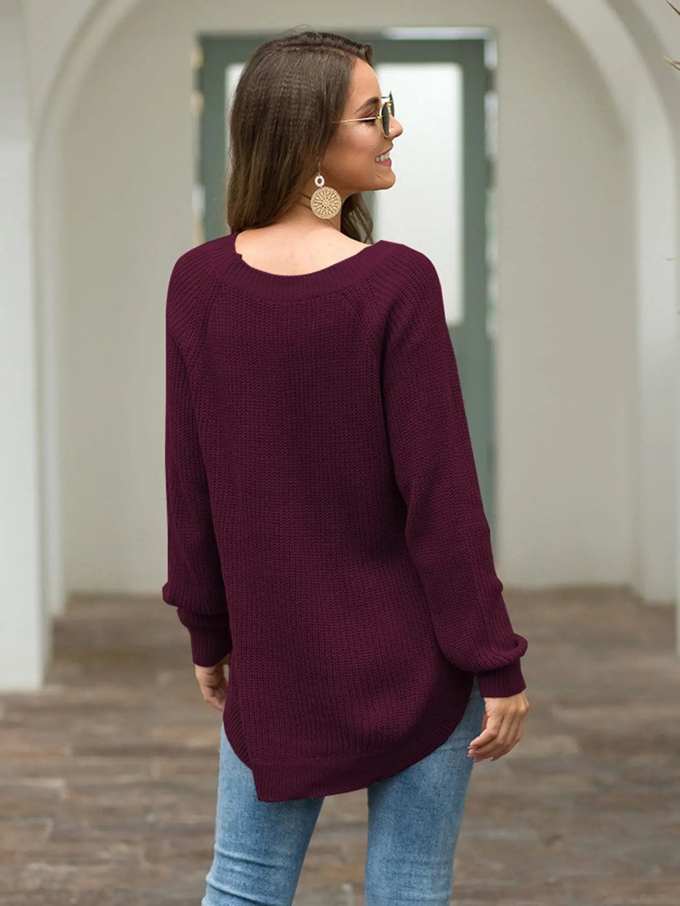 Rounded Hem Knit Sweater Anna-Kaci Wholesale