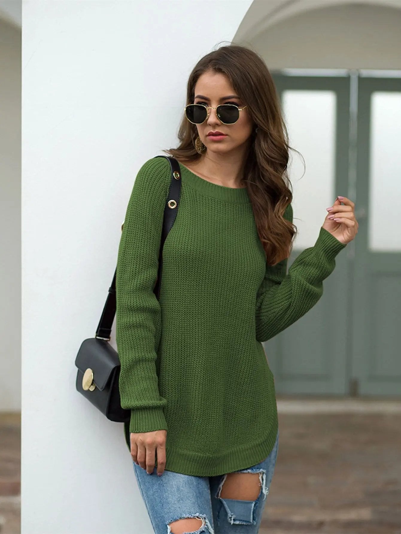 Rounded Hem Knit Sweater Anna-Kaci Wholesale