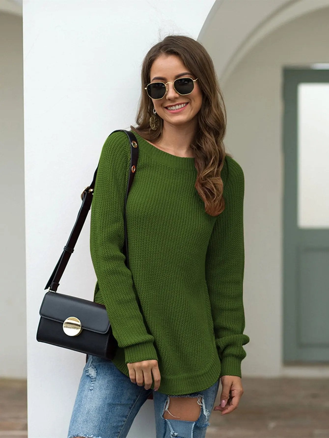 Rounded Hem Knit Sweater Anna-Kaci Wholesale