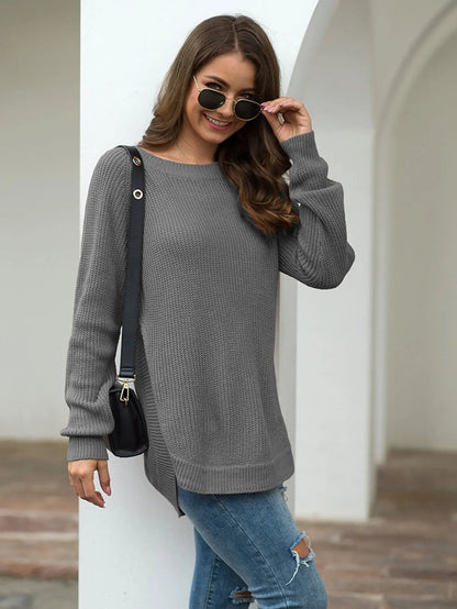 Rounded Hem Knit Sweater Anna-Kaci Wholesale