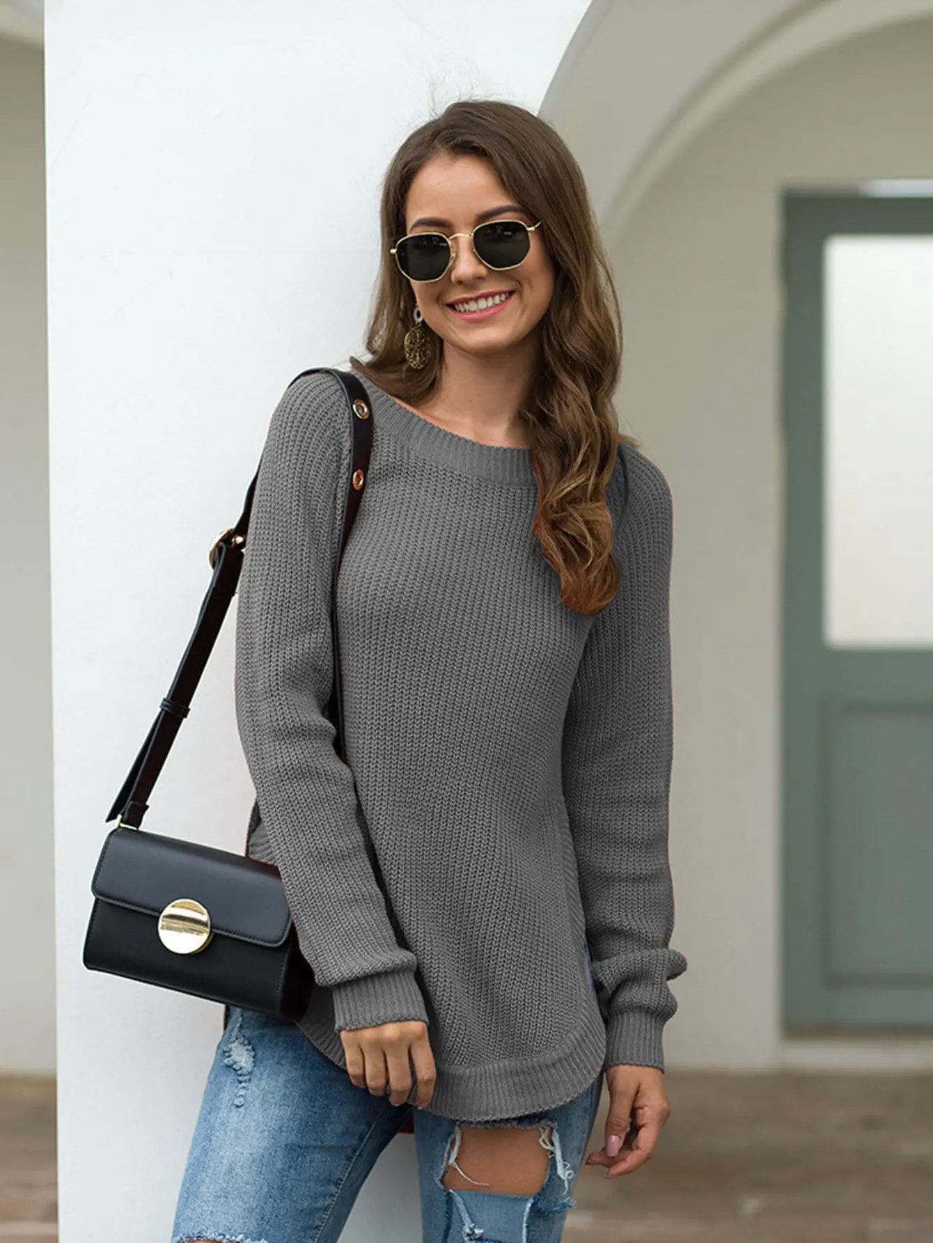 Rounded Hem Knit Sweater Anna-Kaci Wholesale