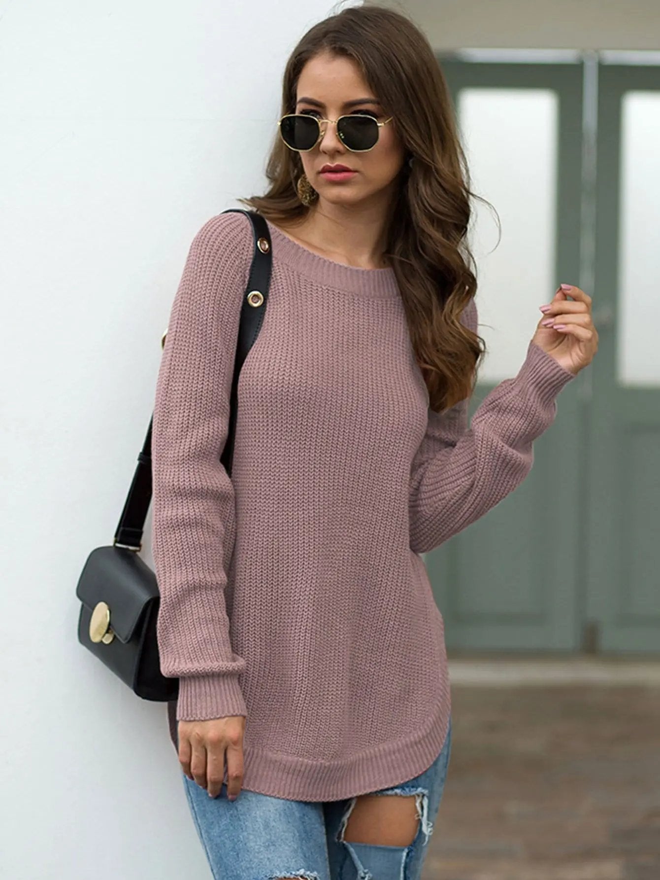 Rounded Hem Knit Sweater Anna-Kaci Wholesale