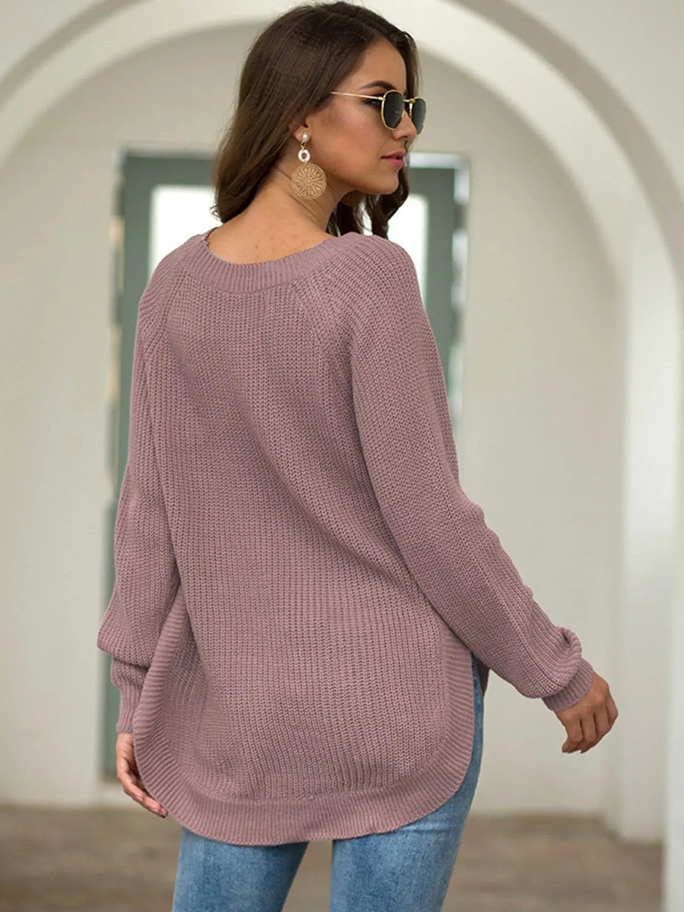 Rounded Hem Knit Sweater Anna-Kaci Wholesale