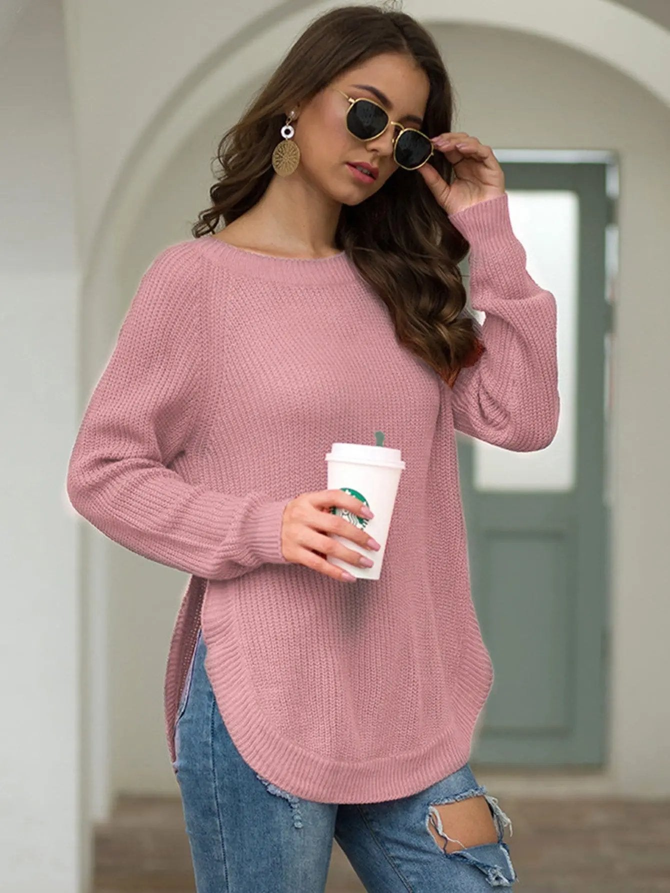 Rounded Hem Knit Sweater Anna-Kaci Wholesale