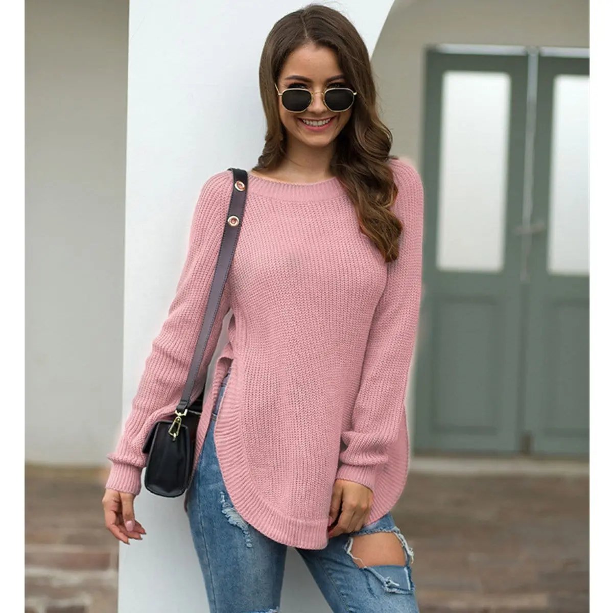 Rounded Hem Knit Sweater Anna-Kaci Wholesale