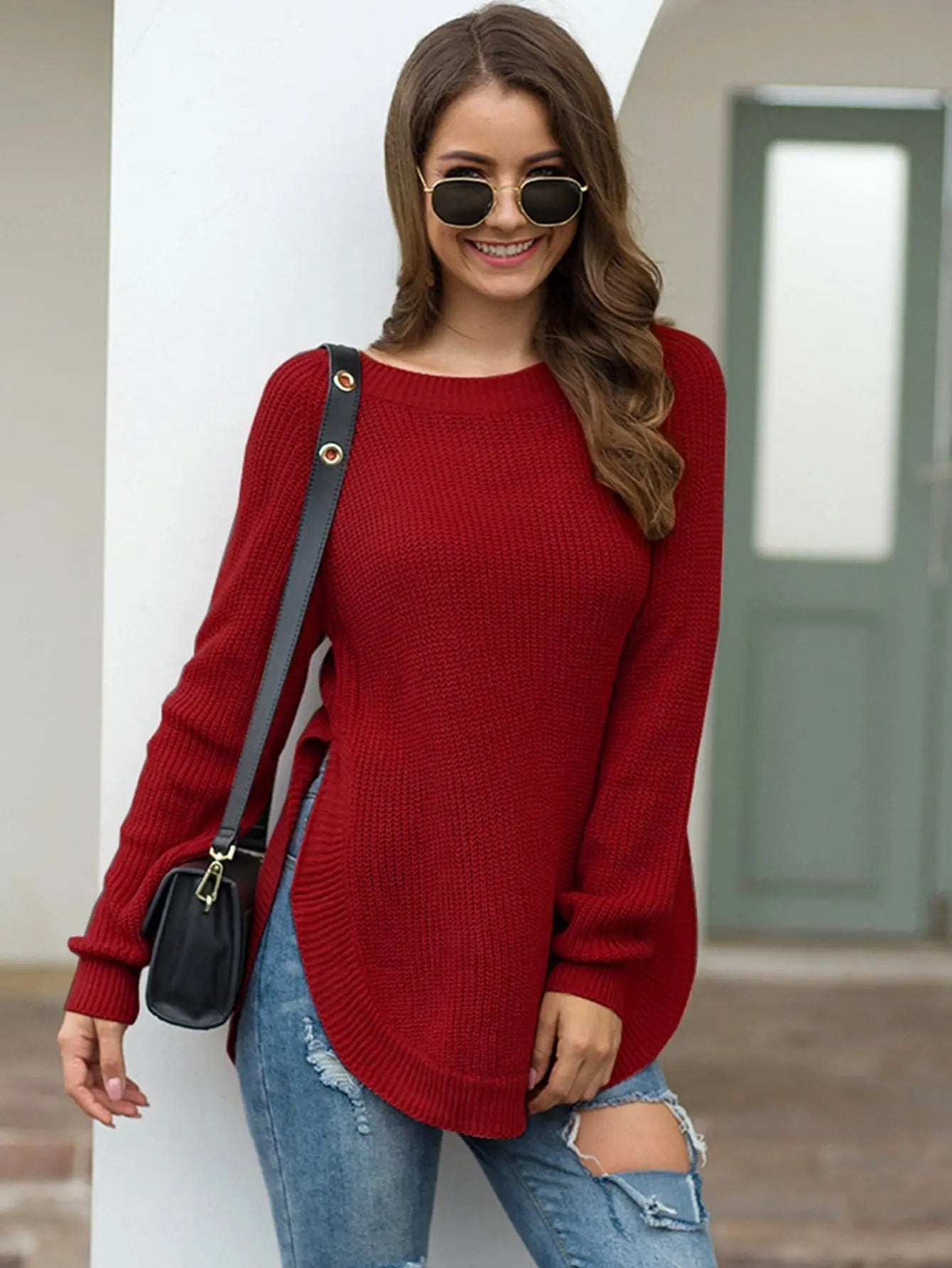Rounded Hem Knit Sweater Anna-Kaci Wholesale
