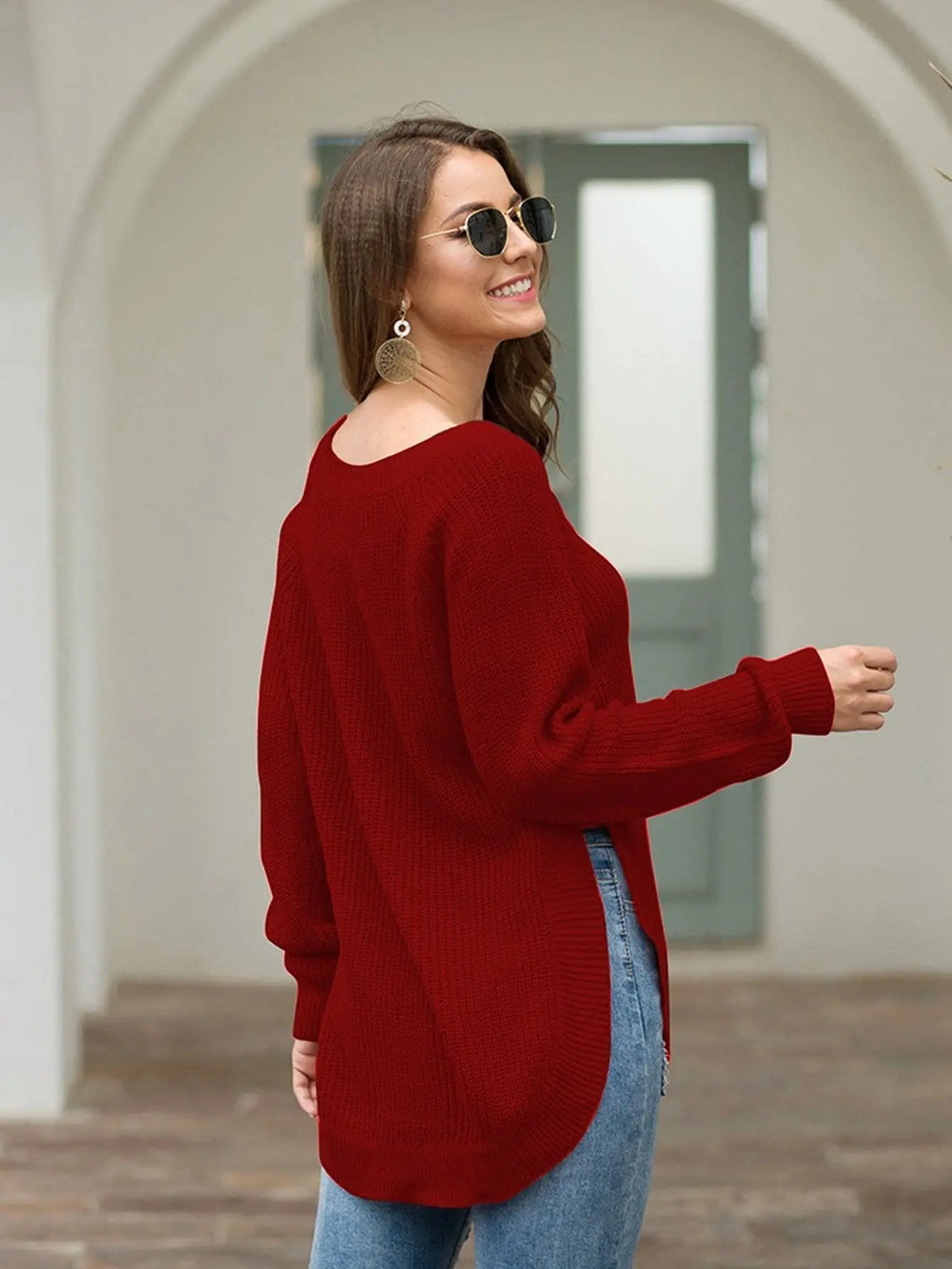 Rounded Hem Knit Sweater Anna-Kaci Wholesale