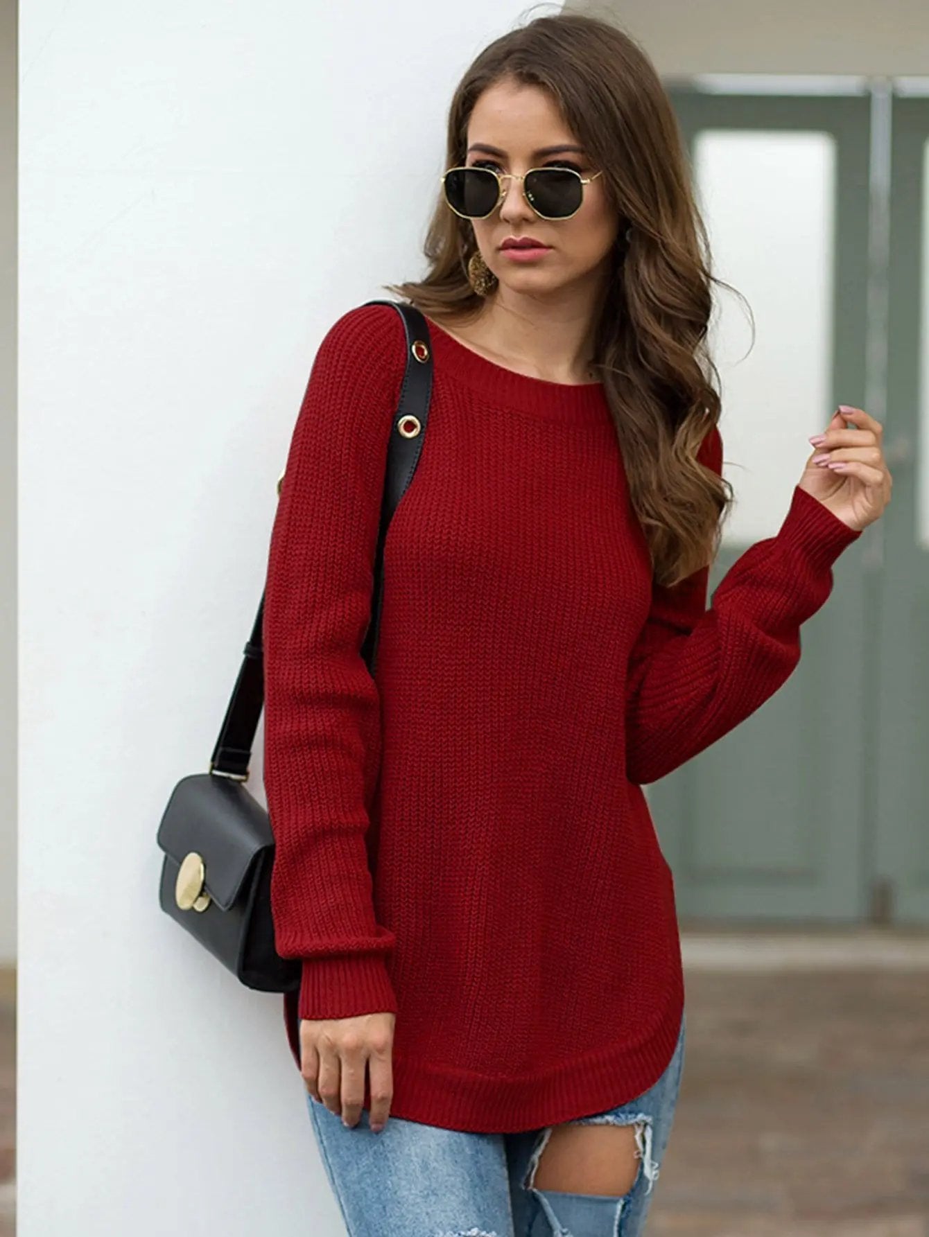 Rounded Hem Knit Sweater Anna-Kaci Wholesale