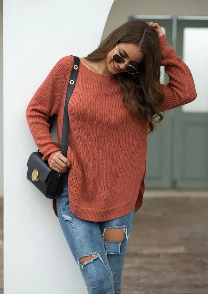 Rounded Hem Knit Sweater Anna-Kaci Wholesale