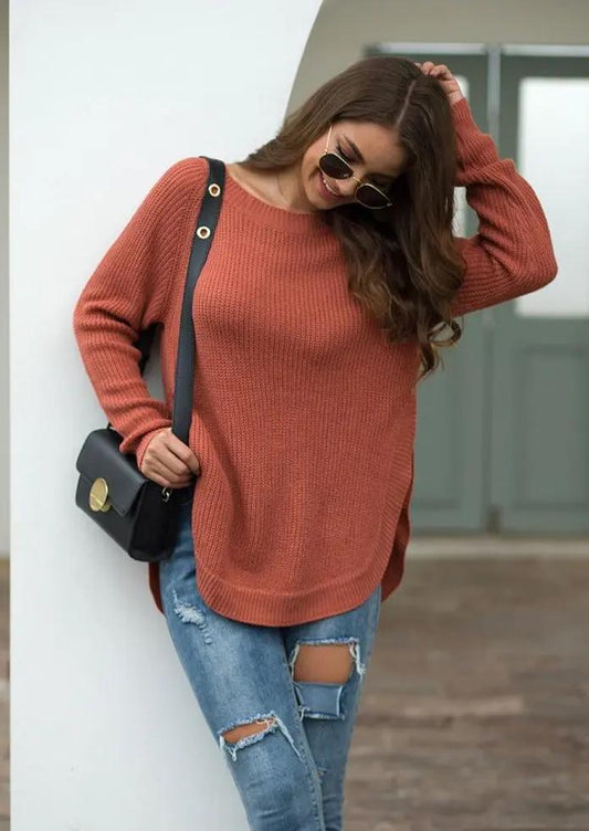 Rounded Hem Knit Sweater Anna-Kaci Wholesale