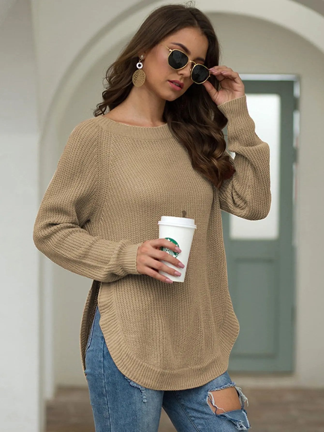 Rounded Hem Knit Sweater Anna-Kaci Wholesale