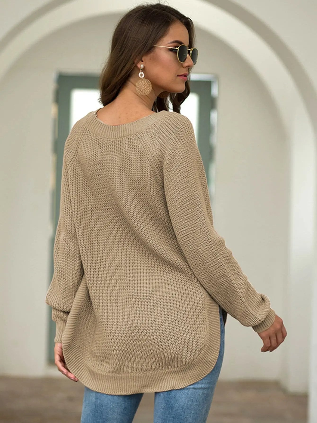 Rounded Hem Knit Sweater Anna-Kaci Wholesale
