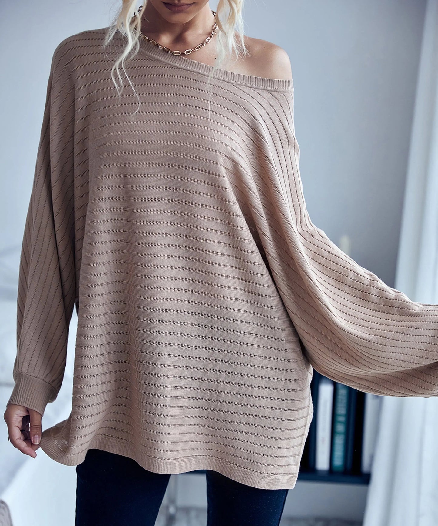 Striped Knit Loose Fit Sweater Anna-Kaci Wholesale