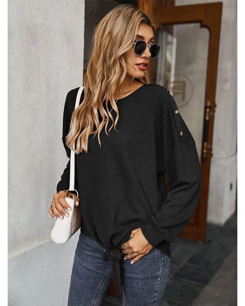 Contrast Button Shoulder Detail Sweater Anna-Kaci Wholesale