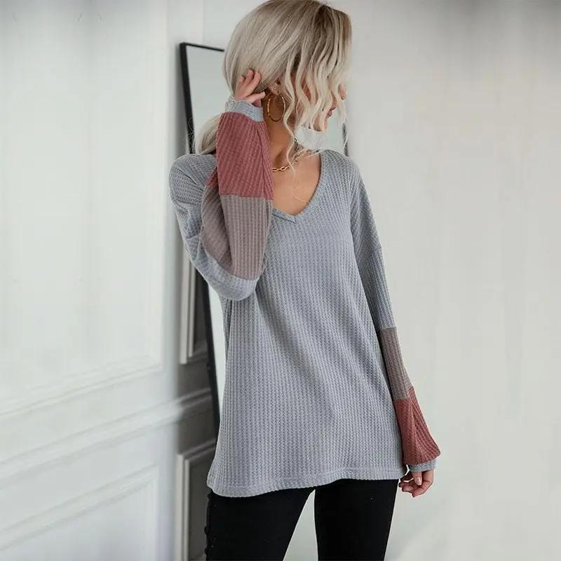 Waffle Knit Striped Sleeve Sweater Anna-Kaci Wholesale