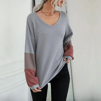 Waffle Knit Striped Sleeve Sweater Anna-Kaci Wholesale