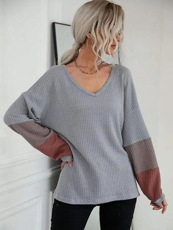 Waffle Knit Striped Sleeve Sweater Anna-Kaci Wholesale