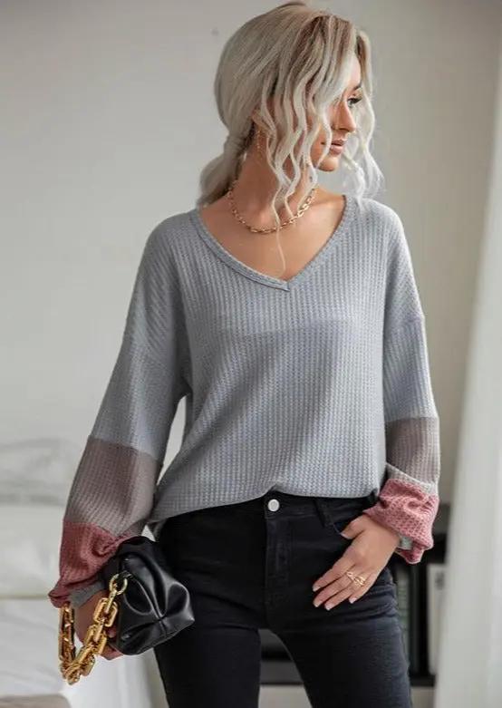 Waffle Knit Striped Sleeve Sweater Anna-Kaci Wholesale