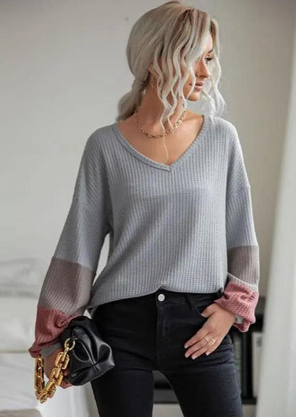 Waffle Knit Striped Sleeve Sweater Anna-Kaci Wholesale