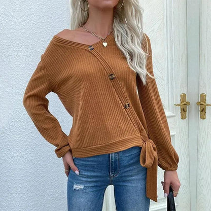 Asymmetrical Neck Tie Ribbon Sweater Anna-Kaci Wholesale