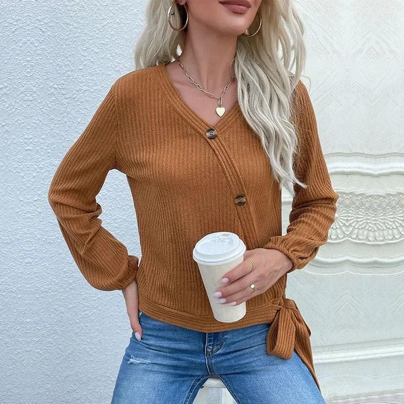 Asymmetrical Neck Tie Ribbon Sweater Anna-Kaci Wholesale