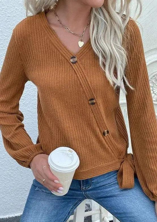 Asymmetrical Neck Tie Ribbon Sweater Anna-Kaci Wholesale