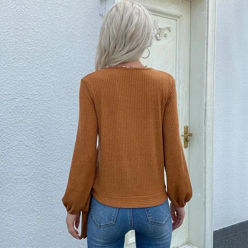 Asymmetrical Neck Tie Ribbon Sweater Anna-Kaci Wholesale