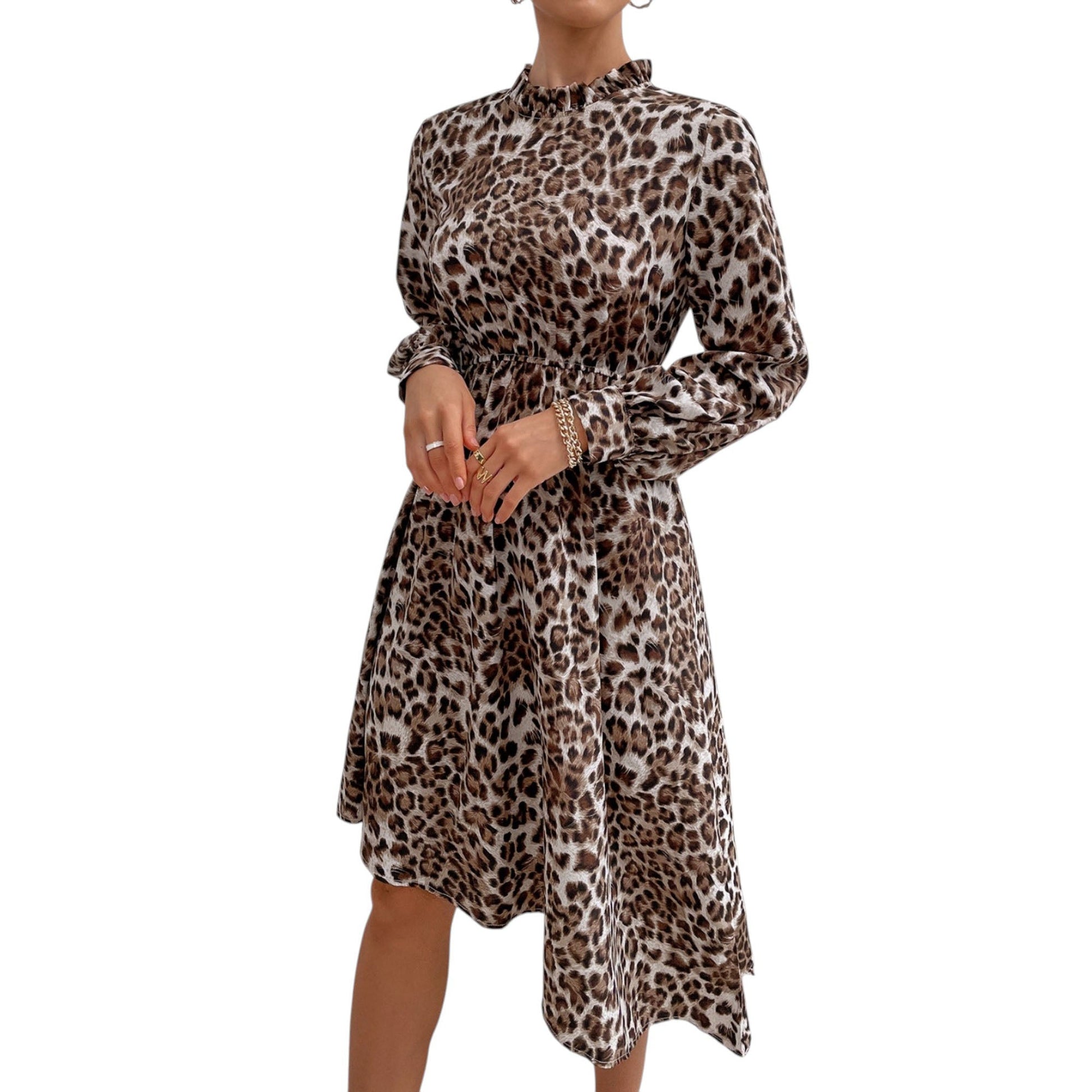 Long Sleeve Leopard Print Midi Dress with High Neckline and Asymmetrical Hem Anna-Kaci Wholesale