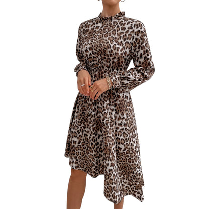 Long Sleeve Leopard Print Midi Dress with High Neckline and Asymmetrical Hem Anna-Kaci Wholesale