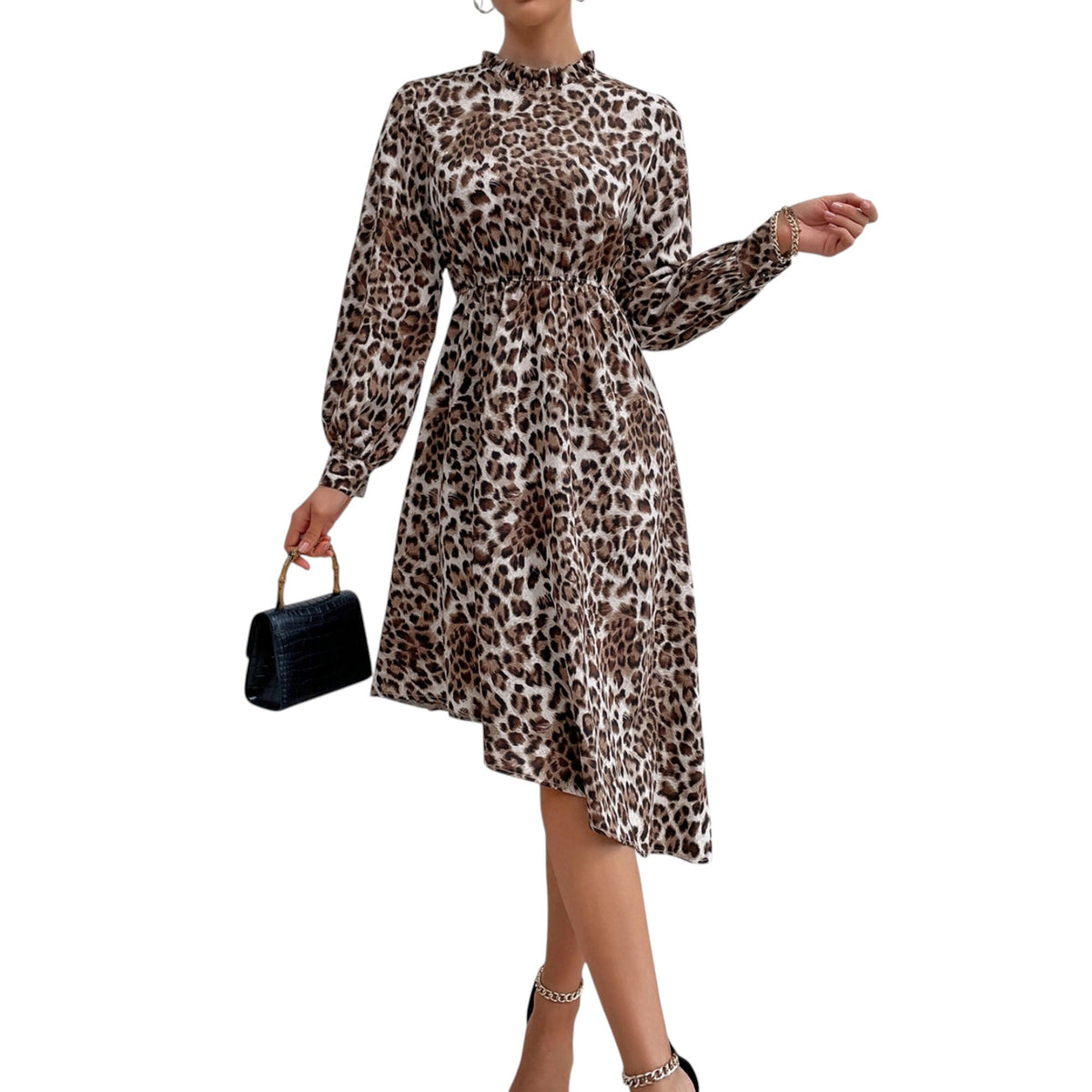Long Sleeve Leopard Print Midi Dress with High Neckline and Asymmetrical Hem Anna-Kaci Wholesale