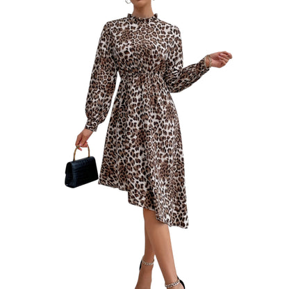 Long Sleeve Leopard Print Midi Dress with High Neckline and Asymmetrical Hem Anna-Kaci Wholesale