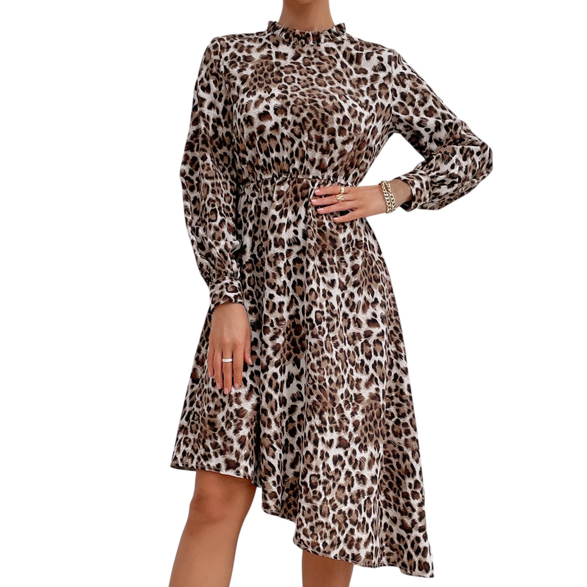 Long Sleeve Leopard Print Midi Dress with High Neckline and Asymmetrical Hem Anna-Kaci Wholesale