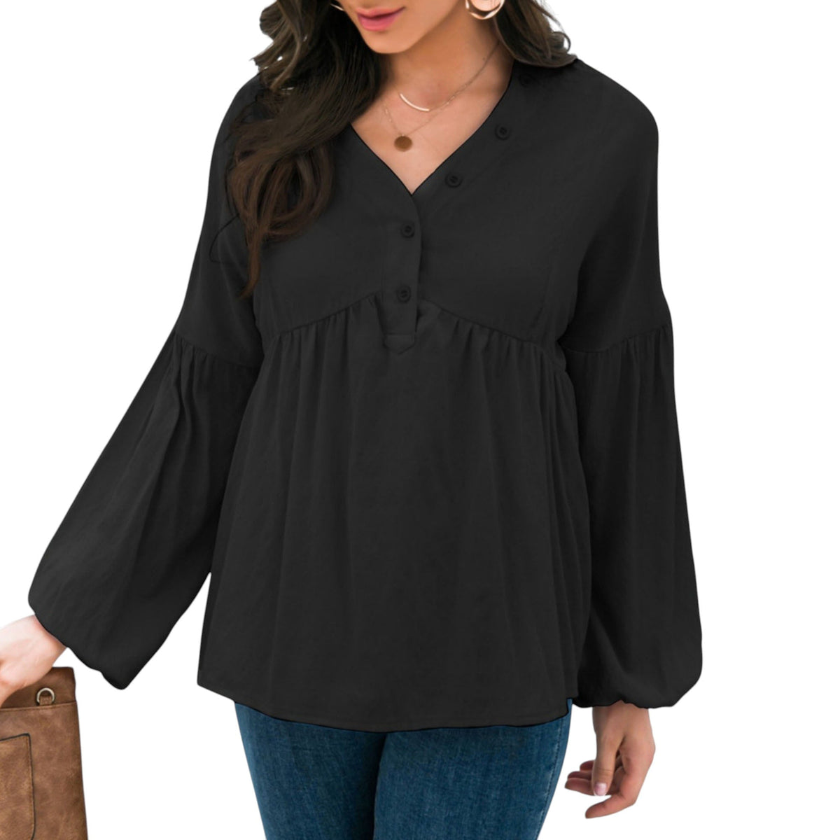 Long Sleeve Button Front Peasant Top with Gathered Waist and Flowy Fit Anna-Kaci Wholesale