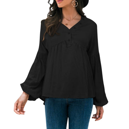 Long Sleeve Button Front Peasant Top with Gathered Waist and Flowy Fit Anna-Kaci Wholesale
