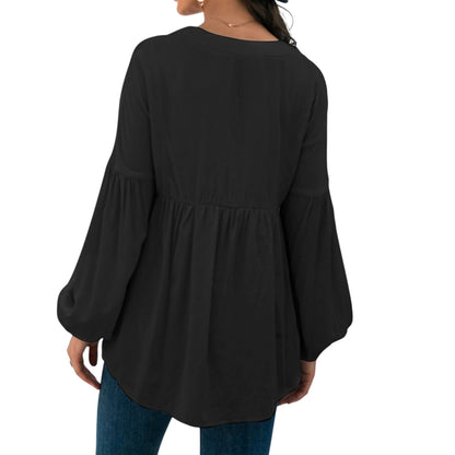 Long Sleeve Button Front Peasant Top with Gathered Waist and Flowy Fit Anna-Kaci Wholesale