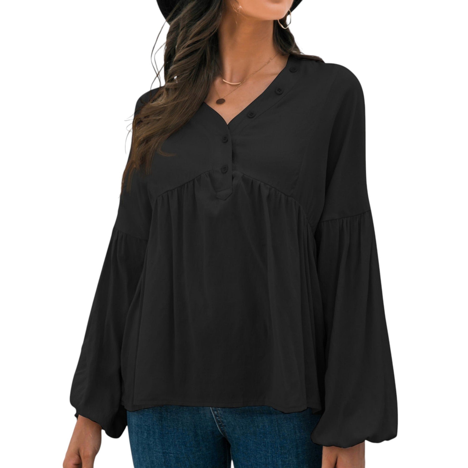 Long Sleeve Button Front Peasant Top with Gathered Waist and Flowy Fit Anna-Kaci Wholesale