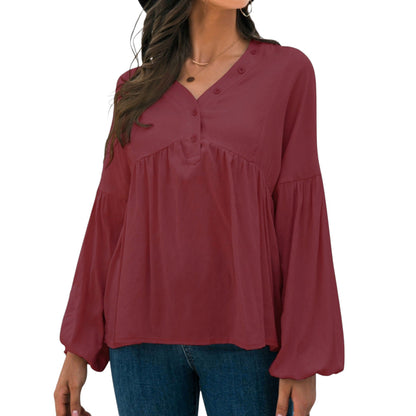 Long Sleeve Button Front Peasant Top with Gathered Waist and Flowy Fit Anna-Kaci Wholesale
