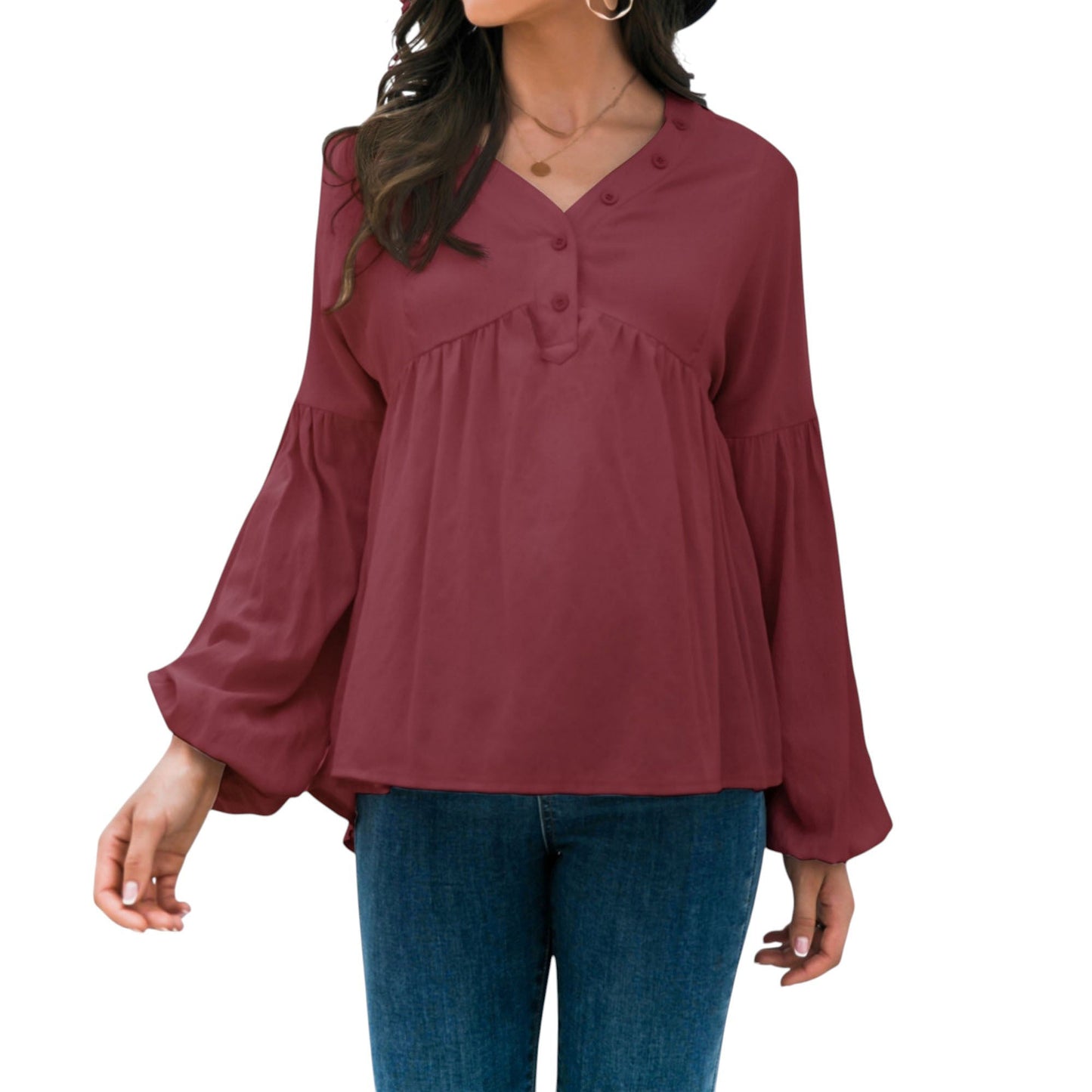 Long Sleeve Button Front Peasant Top with Gathered Waist and Flowy Fit Anna-Kaci Wholesale