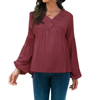 Long Sleeve Button Front Peasant Top with Gathered Waist and Flowy Fit Anna-Kaci Wholesale
